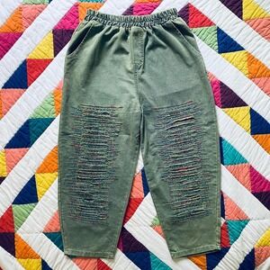Olive Green Embroidered Cotton Barrel‎ Pants